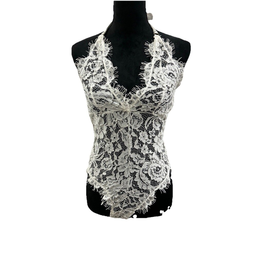 Lulus Womens Sz L Romance White Sheer Lace Halter Bodysuit Gorgeous NWT